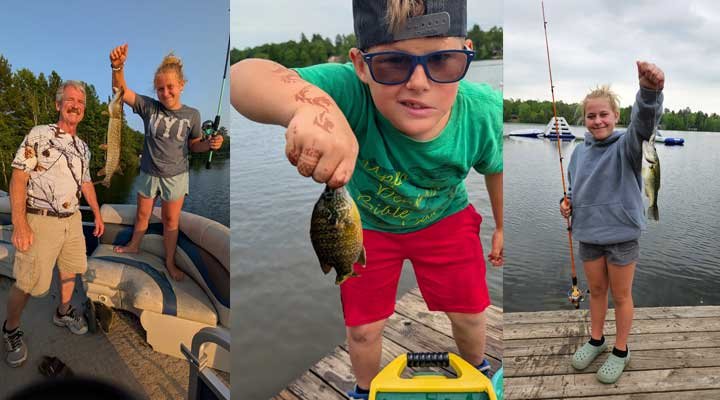 Three pictures of children with fish they caught